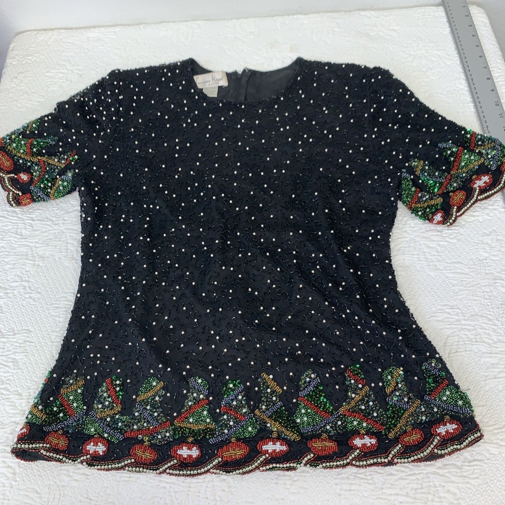 Vintage Lawrence‎ Kazar Beaded Sequin Silk Top Size Large Black Christmas Trees